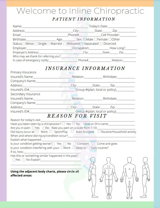 Page 1 of the new patient paperwork: patient information, insurance and reason for visit with body diagrams