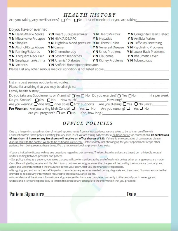 Page 2 of the new patient paperwork: health history checkboxes and office policies